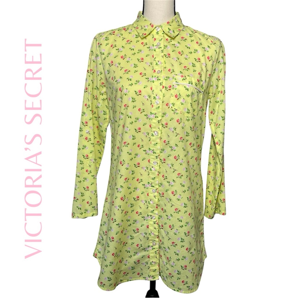 Victoria Secret Button Front Yellow Floral Cotton Midi Y2K Boho Sleepshirt, XS